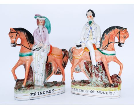 ROYALTY: Two pairs of Staffordshire Pottery Equestrian Figures, including Royal portrait figures of the Prince and Princess o