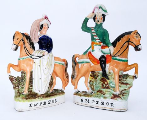 ROYALTY: A pair of Staffordshire Pottery Equestrian Flatbacks, modelled as 'Emperor' & 'Empress', mid 19th century,Napoleon B