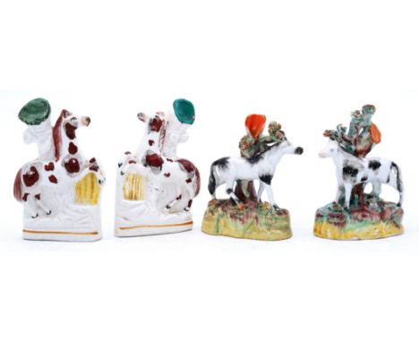 ANIMALS: Two pairs of Staffordshire Pottery Flatback Horses, including a fine pair of spill vases, attributed to Thomas Parr,