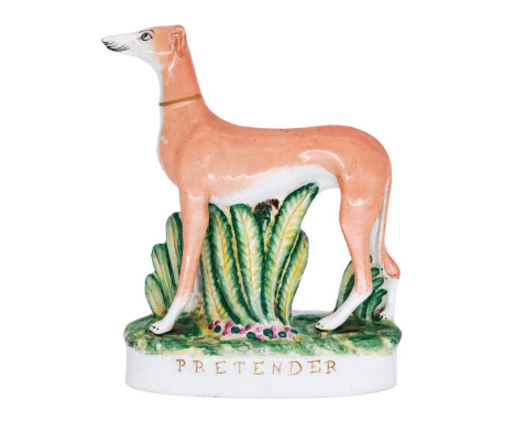GREYHOUNDS: A rare Staffordshire Pottery Figure of a Greyhound, modelled as 'Pretender' (pair to previous lot),  standing fac