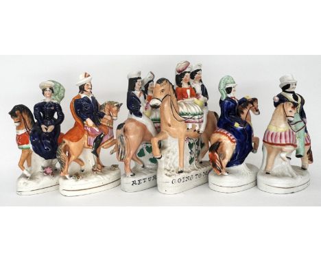 EQUESTRIAN: Three assorted pairs of Staffordshire Pottery Flatback Figurines, including 'Going to Market' & 'Returning Home',