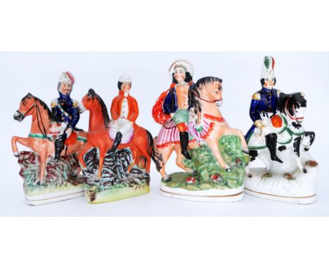 EQUESTRIAN: Four assorted Staffordshire Pottery Flatback Equestrian Figurines, including a portrait figure of Emperor Napoleo