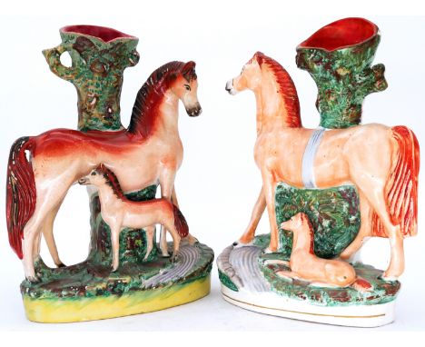 ANIMALS: Two similar Staffordshire Pottery Spill Vase Groups, each of a Horse and Foal, mid 19th century,  both standing befo