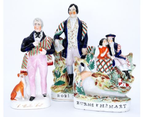SCOTTISH: Three Staffordshire Pottery Flatback Portrait Figures, including Robert Burns; Sir Walter Scott; and Burns & Highla