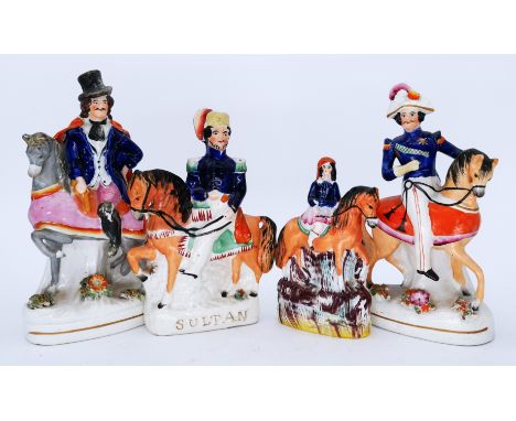EQUESTRIAN: Four assorted Staffordshire Pottery Flatback Equestrian Figurines, including a rare portrait figure of Sir Robert