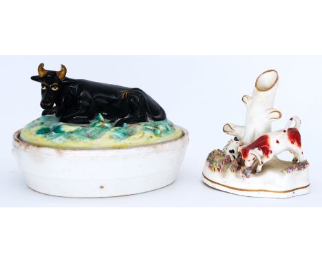 MISCELLANEOUS: A Staffordshire Pottery Butter Dish, modelled as a resting cow; together with an unusual miniature Staffordshi