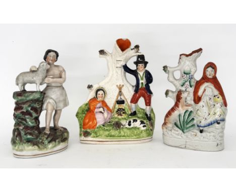 COUNTRY LIFE: Three Staffordshire Pottery Flatback Figurines, including Red Riding Hood; The Shepherd; and Travellers,  Red R