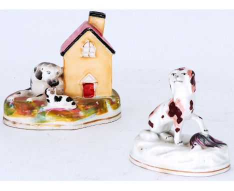 DOGS: A small Staffordshire Group of a Hunting Dog, Puppy and Kennel; also a Spaniel, 19th century,  the kennel group, 10cm h