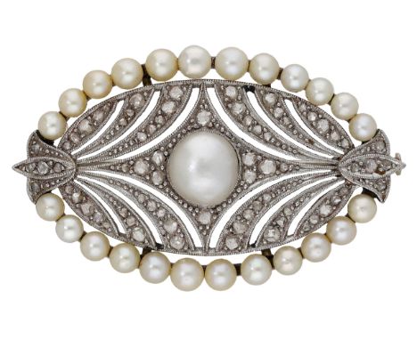 An Art Deco natural pearl and diamond brooch, the principal natural pearl centred within a pierced surround of rose-cut diamo