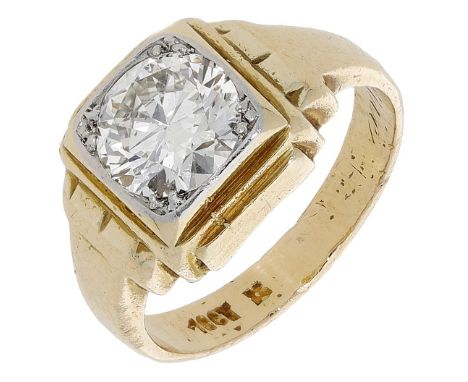 A diamond single stone ring, the transitional-cut diamond, weighing 1.70 carats, in a stepped geometric surround, stamped ‘18