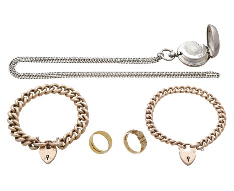 A small collection of jewellery, comprising two 9ct gold curb-link bracelets with padlock clasps, a 22ct gold band, an 18ct g