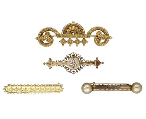 Four mid/late 19th century gold brooches, comprising three archaeological revival brooches and one diamond set brooch, all fo