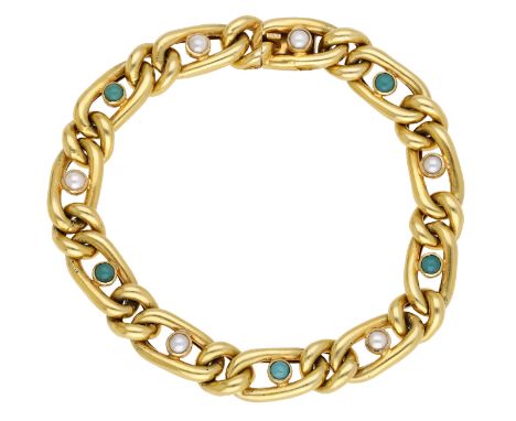 A late 19th century gem-set bracelet, the fancy-link chain alternately-set with turquoise cabochons and half-pearls, mounted 