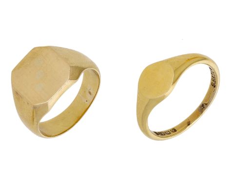 Two gold signet rings, with cushion-shaped and oval-shaped bezels respectively, the smaller ring mounted in 18ct gold and wit