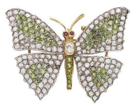 A gem-set butterfly brooch, the wings set throughout with circular-cut demantoid garnets and rose-cut diamonds, to a similarl