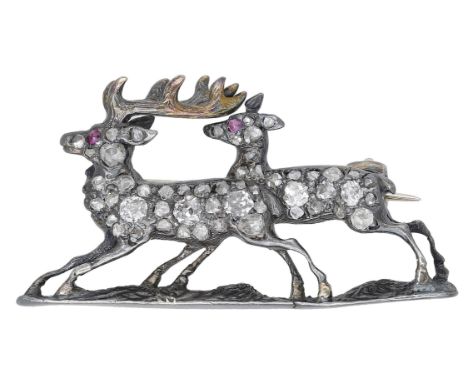 A late 19th century diamond set deer brooch, the realistically modelled doe and buck set throughout with old brilliant and ro