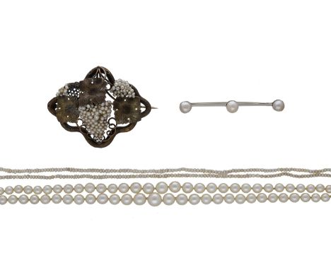 A small collection of pearl jewellery, comprising a 19th century gilt metal fruiting vine brooch set with seed pearls, a two 