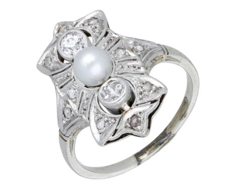 An Art Deco diamond and cultured pearl panel ring, collet-set with two old brilliant-cut diamonds spaced by a cultured pearl,