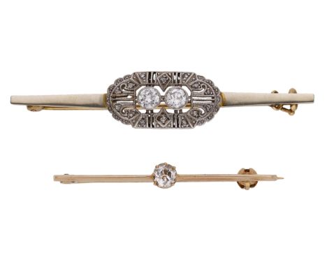 Two early 20th century diamond bar brooches, the first set with two old brilliant-cut diamonds in a pierced plaque surround s