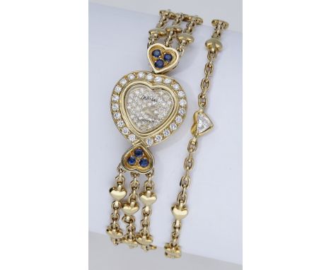 Chaumet/Delaneau. A lady’s gold, diamond and sapphire-set heart-shaped bracelet watch, Ref. 4101RE, circa 1990. Movement: qua