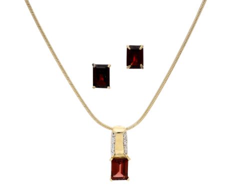 An 18ct gold garnet pendant and earring suite, the pendant comprising a step-cut garnet beneath a brilliant-cut diamond set b