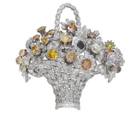 A mid 20th century diamond and fancy-coloured diamond giardinetto brooch, realistically modelled and of highly sculptural des