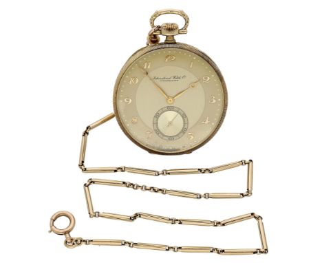 International Watch Co. A gold open-faced keyless watch with a gold chain, circa 1930. Movement: jewelled lever escapement, n