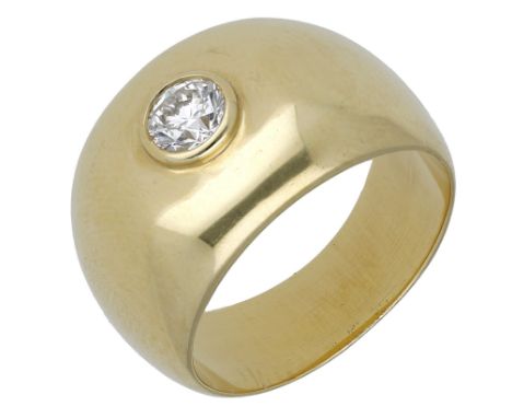 A diamond dress ring, the tapering polished band with a brilliant-cut diamond to the centre, stamped ‘750’, diamond weight ap