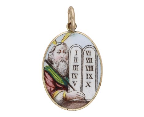 An antique enamel pendant, the polychrome enamel pendant depicting Moses and the Ten Commandments, to the reverse the three H