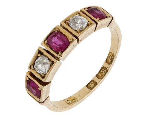 An antique ruby and diamond ring, alternately set  with oval mixed-cut rubies and old brilliant-cut diamonds, in box collet s