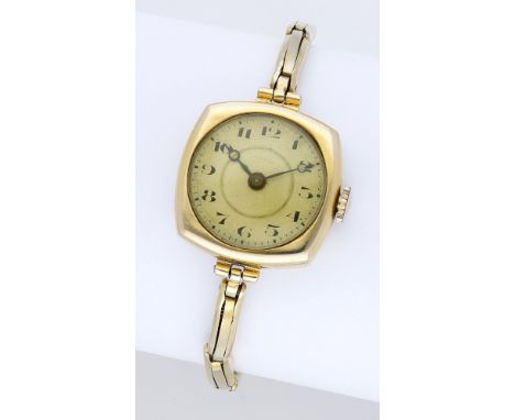 Swiss. A lady’s gold cushion-form wristwatch with bracelet, circa 1920. Movement: manual winding. Dial: gilt,  Arabic numeral