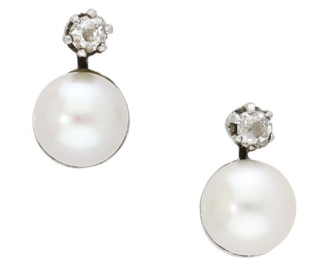 A pair of cultured pearl and diamond earrings, each old brilliant-cut diamond with a cultured pearl below, length 11.5mm.  £1