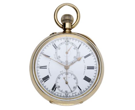 Swiss: Retailed by S. Smith & Son. A gold open-faced keyless chronograph watch, circa 1880. Movement: gilded three quarter pl