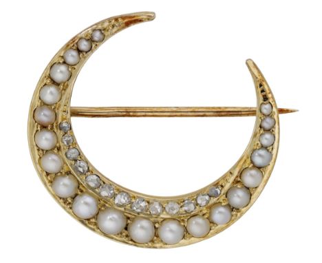 A pearl and diamond crescent brooch, circa 1900, set throughout with half-pearls, seed pearls and inner row of rose-cut diamo