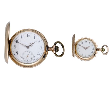 Swiss. A gold hunting cased keyless watch together with a lady’s gold keyless watch, circa 1900. Movement: lever escapement. 