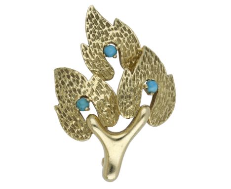 A turquoise brooch by Cartier, circa 1967, the stylised 18ct gold tree with textured foliage and turquoise cabochon highlight