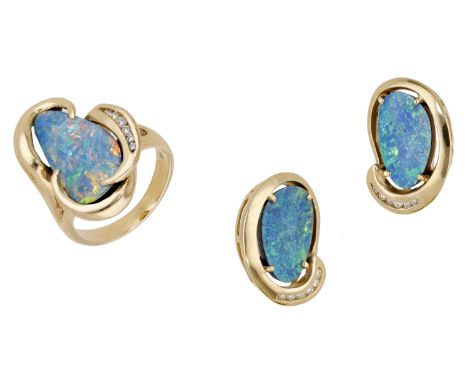 An opal doublet ring and earring suite, the ring abstractly set with an opal doublet with brilliant-cut diamond highlights, t