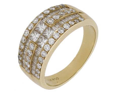 A diamond dress ring, the tapered band set to the front with rows of brilliant, baguette and princess-cut diamonds, stamped ‘