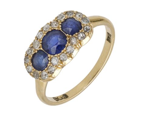 An early 20th century sapphire and diamond triple cluster ring, the three cushion-shaped sapphires each within a surround of 