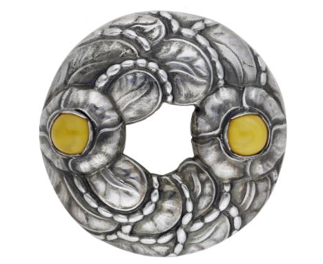 A Danish silver brooch by Georg Jensen, the circular wreath design with two yellow cabochon highlights, numbered ‘42’, post-1