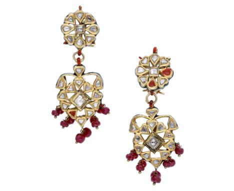 A pair of Indian earrings, the flowerhead surmounts suspending openwork foliate drops, set throughout with foil-backed lasqué