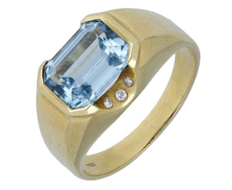 A blue topaz and diamond ring, the step-cut topaz between trios of bezel-set brilliant-cut diamonds, to a tapered band, stamp