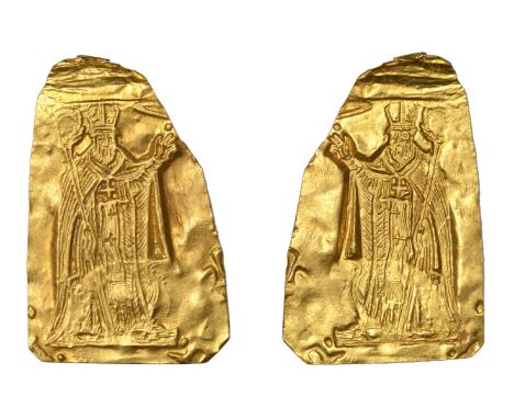 A post Medieval gold repoussé plaque, punched from the reverse to depict a Bishop standing, wearing a mitre and long robes, h
