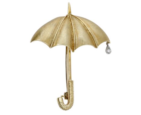 An 18ct gold novelty brooch by E. Wolfe & Co., the umbrella with both matte and polished finish and the handle with reeded de