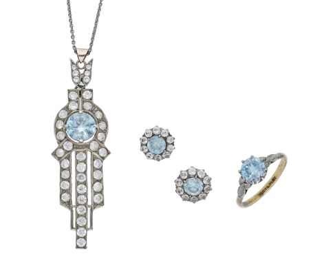 A small group of early / mid 20th century white and blue zircon jewellery, comprising a geometric pendant set throughout with