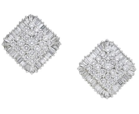 A pair of diamond earrings, each square plaque set with a brilliant-cut diamond cluster within an undulating surround of bagu