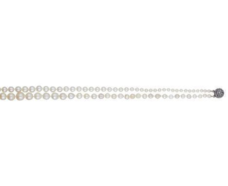A cultured pearl necklace, the two rows of graduated cultured pearls, measuring approximately 3.0-8.5mm, to a rose-cut diamon