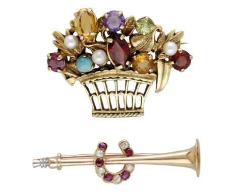 A gem-set giardinetto brooch and a ruby and diamond bugle brooch, the bouquet set throughout with vari-cut citrines, garnets,