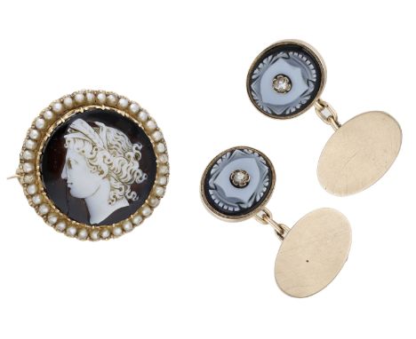 A 19th century hardstone cameo brooch, carved to depict the goddess Demeter in profile, within seed pearl border, gold mounte