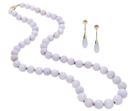A lavender jade bead necklace and ear pendants, the graduated strand of lavender jade beads together with a pair of polished 